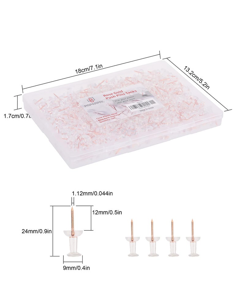 PAPERPAL 280 Rose Gold Push Pins for Cork Board, Clear Thumb Tacks for Wall Hangings, Pushpins for Office School & Personal Use, Standard Size Push Pin Tacks - Image 2